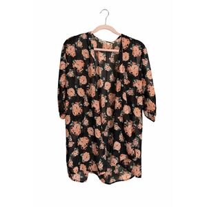 Liberty Love Floral Open-Front Kimono | Size XL | Sheer Black with roses